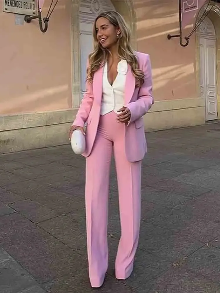 Pink Blazer Suits Long Sleeve High Waist Pants Suit Autumn Winter 2 Piece Set Office Lady Streetwear Two Clothes 240127