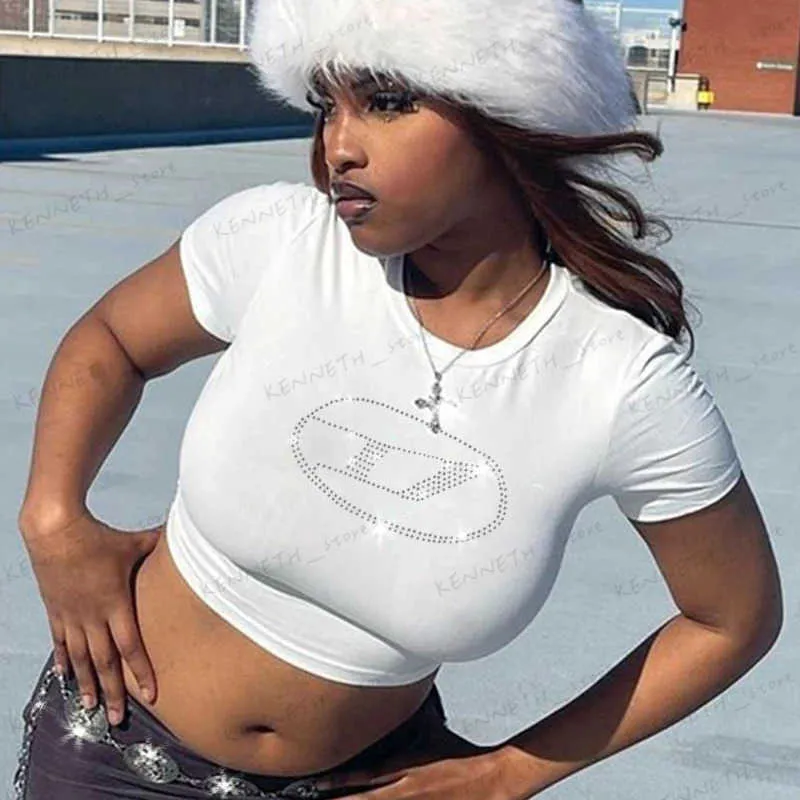 Rhinestone Letter Graphic Tee - Womens Vintage Y2K Crop Top