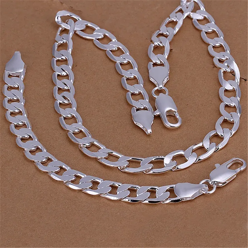 Collar Hombres clásicos Cadena de 12 mm Pulseras de plata de ley 925 collar Conjunto de joyas 1830 pulgadas Encanto Fiesta de moda fina regalo de boda