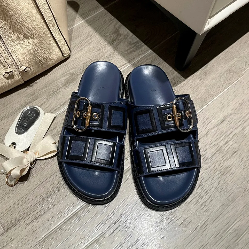 luxury Designer Slippers sandal classic Mens Womans Sliders brown buckle Genuine Leather Summer sandale outdoors platform shoe Slide rubber beach Flat Slipper box