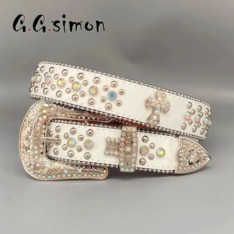 Punk White Rhinestone Belts Women Designer Skórzany pasek Diamond Bing Belt Western Cowboy Y2K E Girls Fashion Pas dla dżinsów mężczyzn 240119