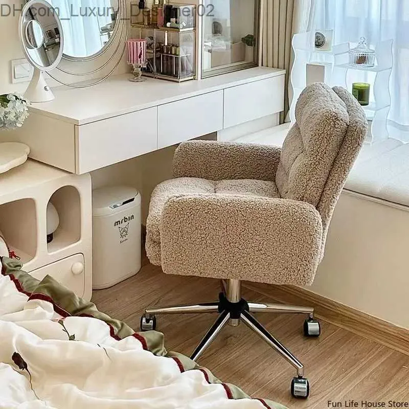 Andere Möbel Moderner Schlafzimmer-Computerstuhl Rückenlehne Hebedrehstuhl Schreibtisch Schreibhocker Lammwolle Internet Celebrity Schminkhocker Home Q240129