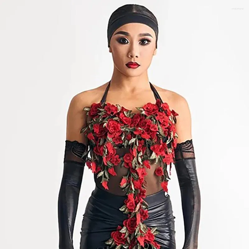 Palco desgaste vermelho flor callor design bodysuit feminino vestido de dança latina para mulheres samba ballroom dancewear trajes ny01 jj003