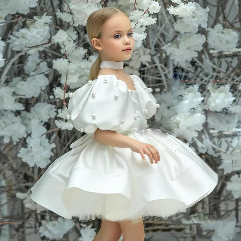 girls white satin dress Silky Satin Girl Dress, Long sleeve Flower Girl Dress, Elegant Satin Gown, Lace Ivory Flower Girl Gown, Flower Girl dress