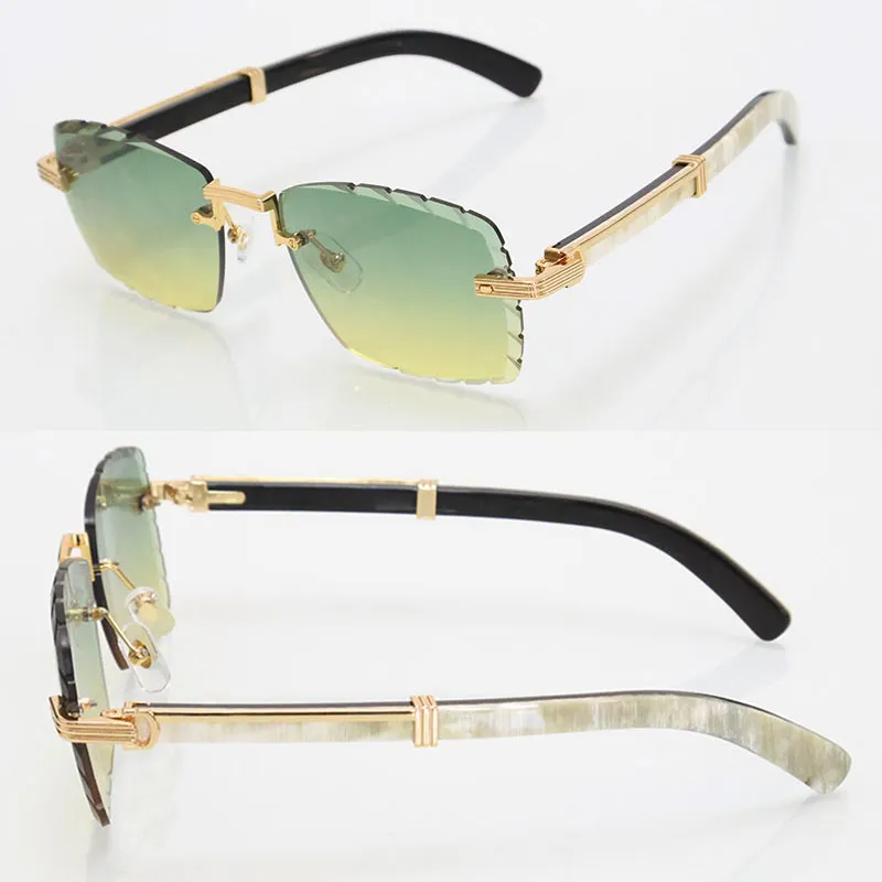 Diamond Cut Linsen Randless Herren Sonnenbrille großer quadratischer Designer 03770 Originaler Schwarz-Weiß-Büffel-Horn-Sonnenbrillen Rahmen Größe 60-21-145 mm