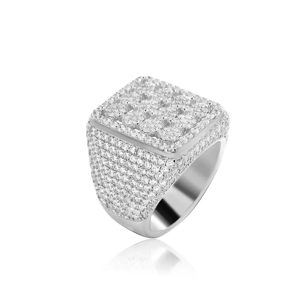 Anneaux Jewe Sterling Sier Hip Hop Bijoux carré Iced Out Rings White Gold plaquée plate-forme Diamond Crystal Cz Bling Ring pour les hommes