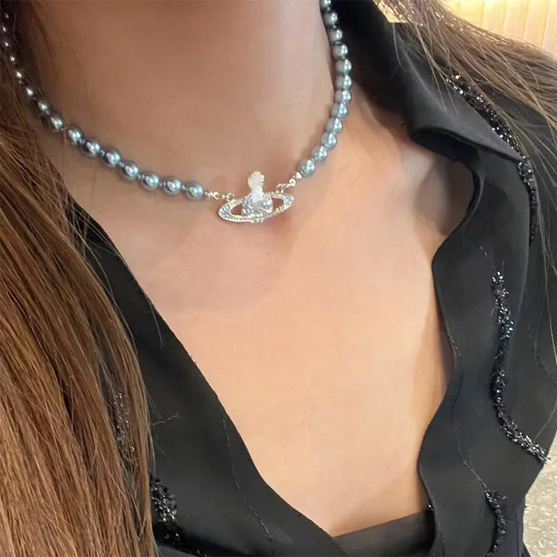 Lady Designer Necklaces New Blue Saturn Pearl Necklaces Niche Full Diamonds Planet Clavicle Chain
