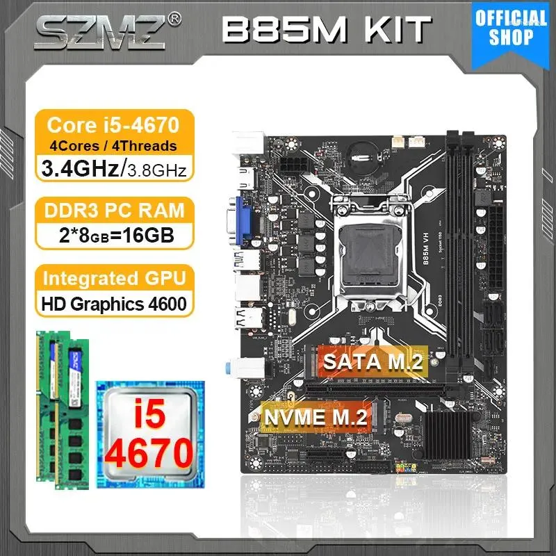 Motherboards SZMZ B85M Motherboard Processor And Memory Kit With Core I5 4670 CPU 16GB RAM Placa Mae 1150 DDR3 Set Support NVME SATA3.0