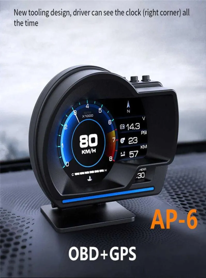 AP6 HUD Nieuwste Head Up Display Auto Display OBD2GPS Slimme auto HUD-meter Digitale kilometerteller Beveiligingsalarm WaterOil-temp RPM4709371