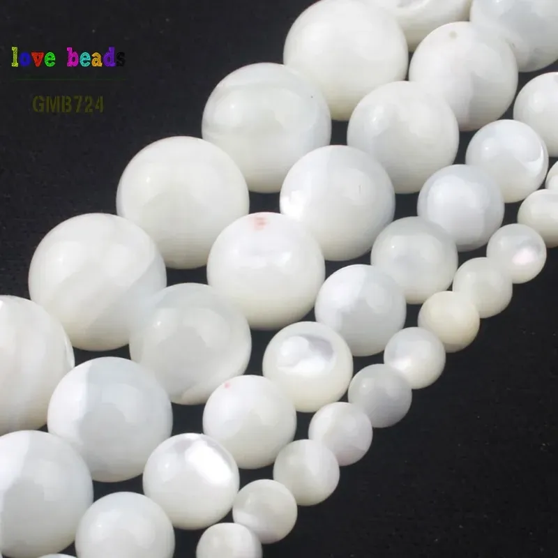 Lucite Pick Size 4.6.8.10.12mm White Pearl Mop Runda Runda pärlor 15.5 "/Strand för smyckenillverkning