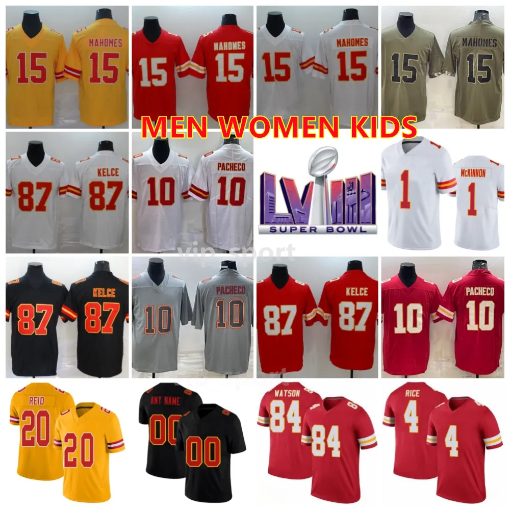 Fotboll Super Bowls LVIII 15 Patrick Mahomes Jerseys 10 Isiah Pacheco Rashee Rice Travis Kelce Justin Watson Justin Reid Jerick McKinnon Nick Bolton Man Woman Youth