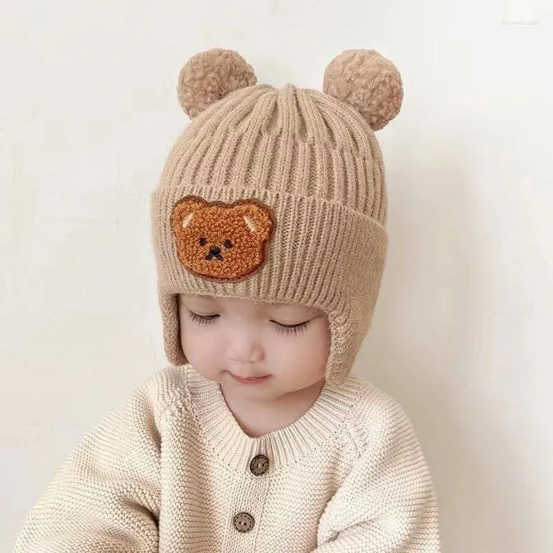 Bérets mignon double laine pompon bébé enfant en bas âge chapeau dessin animé ours doux chaud chapeaux tricotés avec enfants garçons filles automne hiver casquettes 3-24 mois