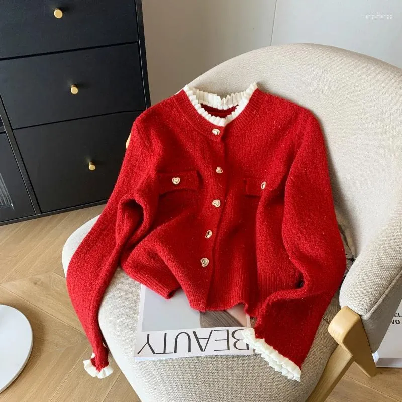 Women's Knits Harajuku Retro Korean Edition Lace Collar Sweater Cardigan Red Design Loose Thick Long-Sleeved Soft Waxy Knitted Coats