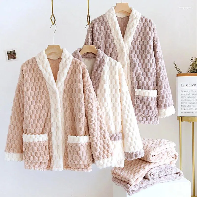 Women's Sleepwear Thick Warm Flannel Set For Women Winter Cardigan Pant Suit Casual Home Wear Clothes Loose Outside Female Pajamas