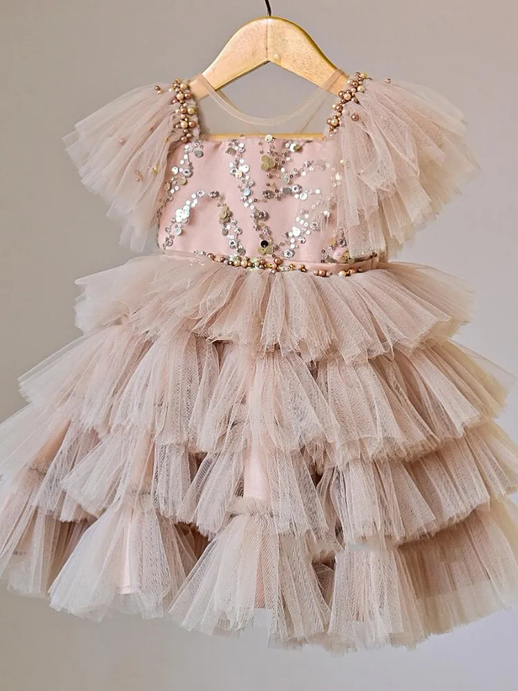 Pearls Pärlade Princess Flower Girls Dresses For Wedding New Party 20234 Tutu Multilayer Mesh Brithday Party Kids Formal Wear Toddler Glitz Ceremonies Pageant Dress