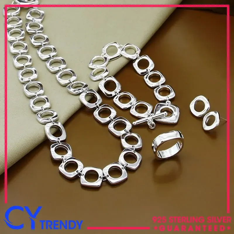 Necklace 925 Sterling Silver Cube Shape Hollow Round Link Necklaces Bracelets Chain Earrings Rings Jewelry Set