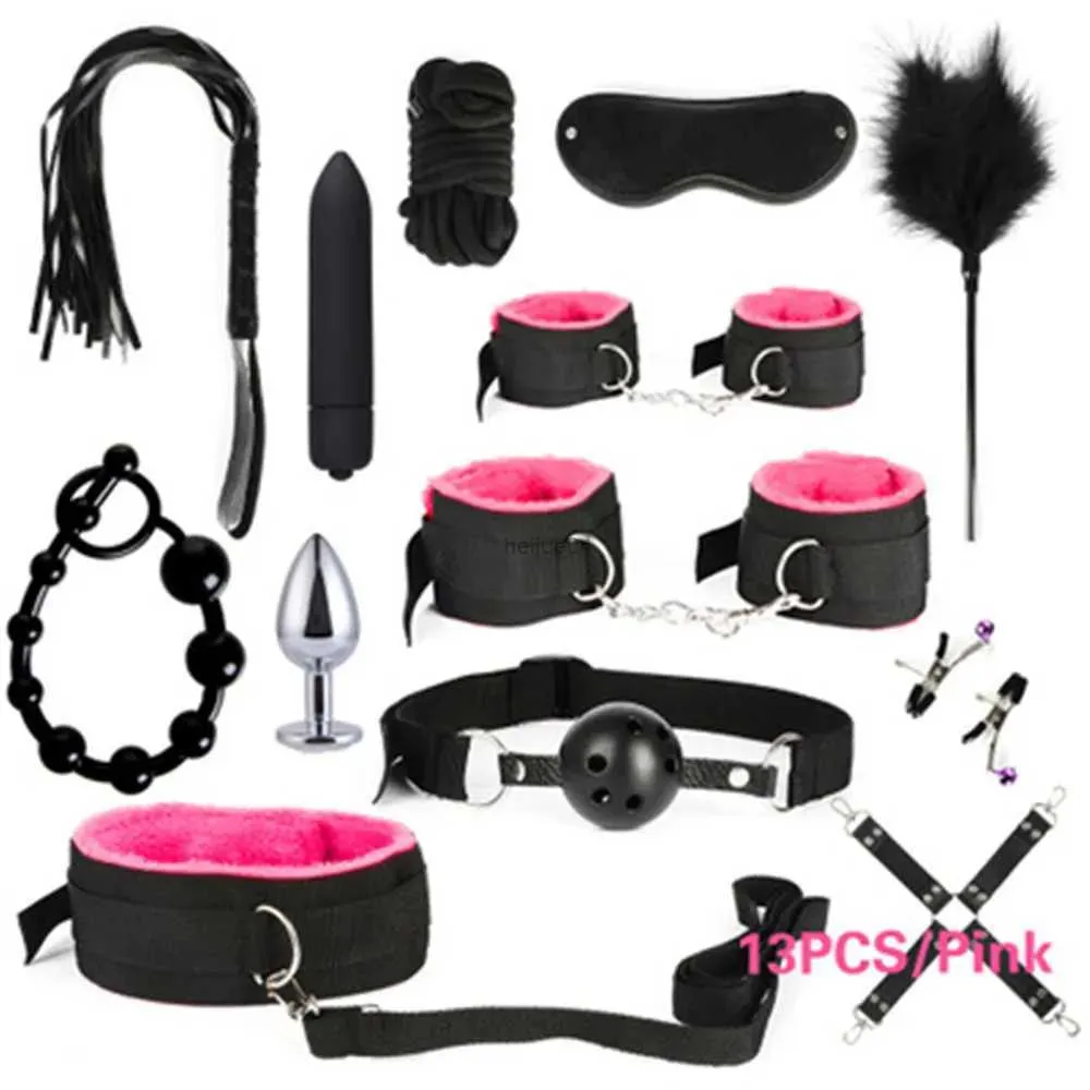 Conjunto de brinquedos adultos, personagem sexual, kit bdsm, brinquedo de estimulação adulto, feminino, masculino, algema, braçadeira de mamilo, chicote, sexo, metal, plugue anal, conjunto vibrador