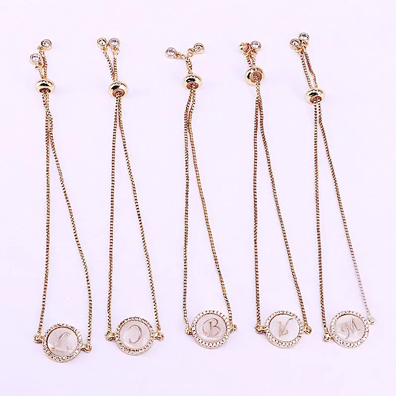 Bracelets 12Pcs Gold Color Round Micro Pave Cubic Zirconia Shell 26 Letter Charm Connector Bracelets