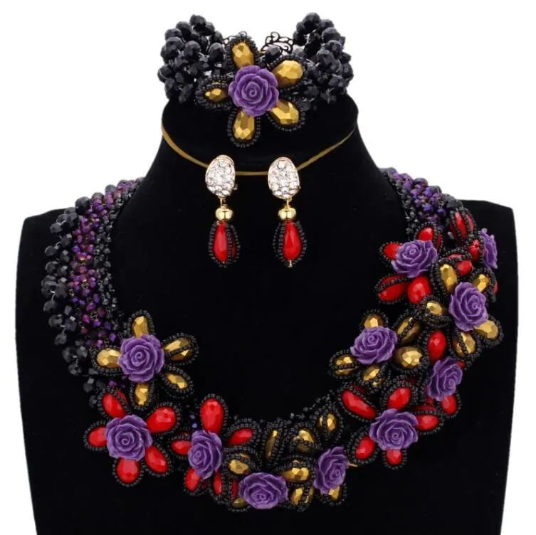 Dudo Crystal Beaded Flowers African Traditional Wedding jewelry Set 5 Colors Necklace With Bracelet and Earrings