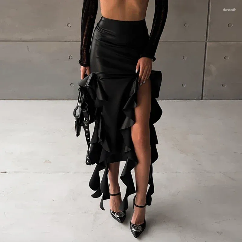 スカートスプリットフリルPUロングスカートの女性ハイウエストプリーツセクシーなマキシパンクグランジ非対称ボディーコンファルダラーガス