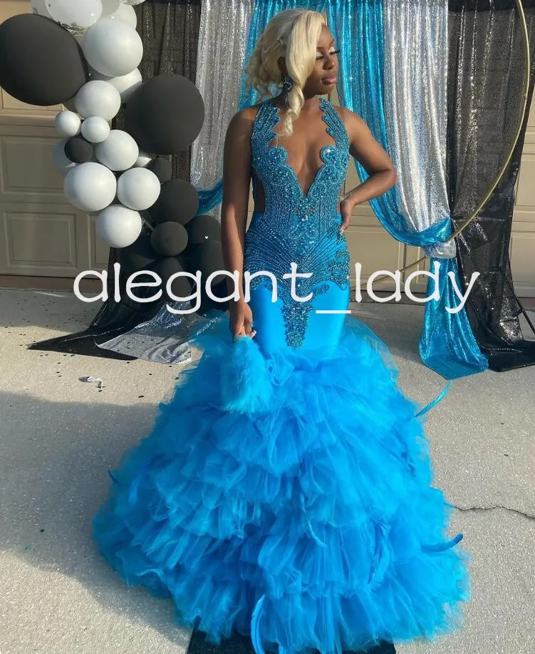 Sparkly Blue Mermaid Prom Birthday Dresses For Women Luxury Diamond Crystal Ruffles Black Girl Evening Gown Vestidos Gala