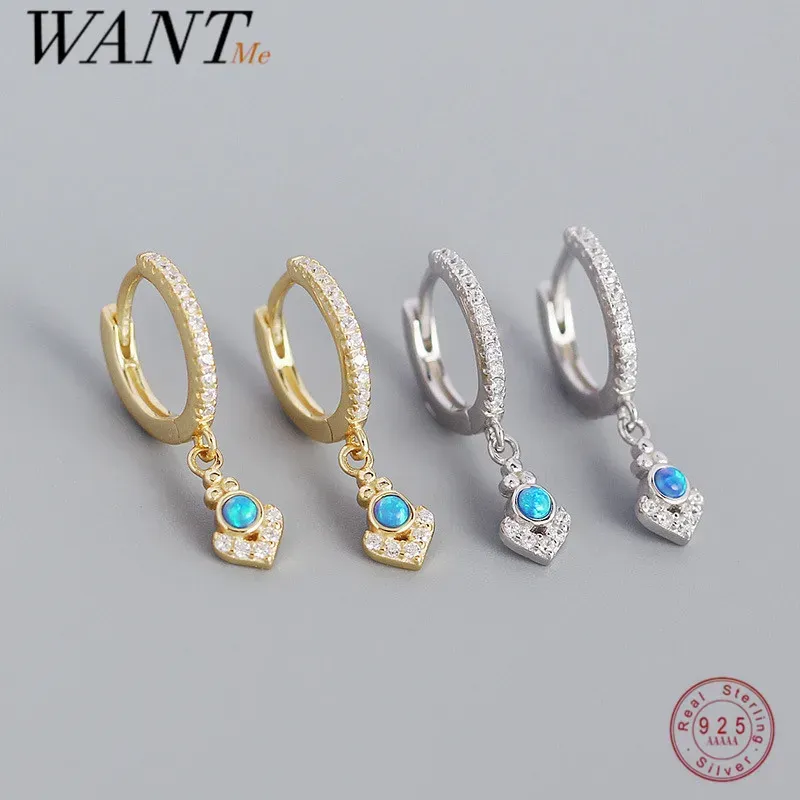 Boucles d'oreilles Wantme 925 Sterling Silver Bohemian Blue Opal Zircon Pendant Boucles d'oreilles pour les femmes Bijoux Hughies Retro European Fashion Retro