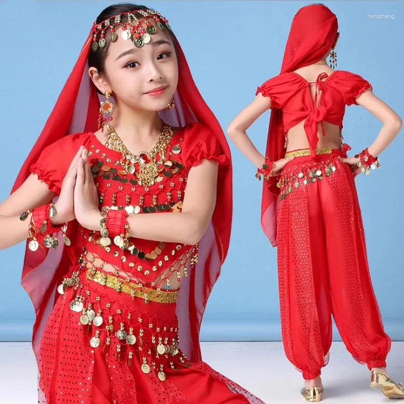 Bühnenkleidung Kinder Bollywood Indien Bauchtanz Kostüme Set Orientalischer Bauchtanz Mädchen Tänzerin Top Bandage Kleider Hüfttuch Münzkleidung