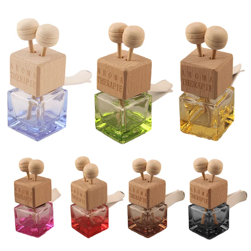 Colorful Air Freshener Essential Oil Empty Bottle Glass Perfume Diffuser with Vent Clip Wooden Cap and Stick for Car Fragrance Ornament CCJ3035