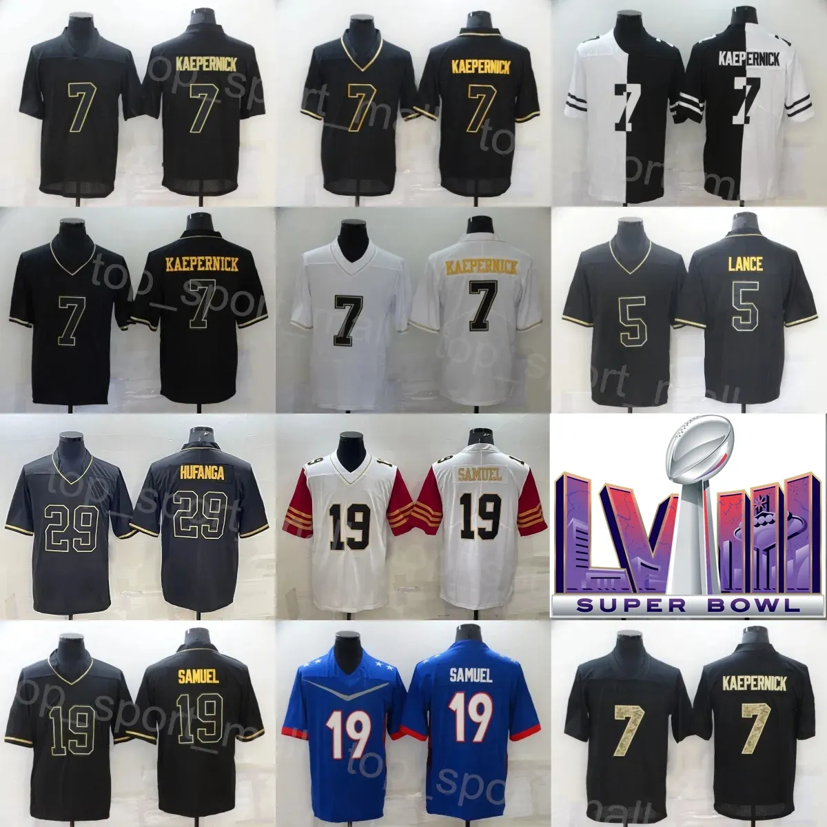 Homme 2024 Super Bowls Football 5 Trey Lance Jerseys 7 Colin Kaepernick 19 Deebo Samuel 29 Talanoa Hufanga Olive Salut au service Camo Color Rush All Stithed Color Rush