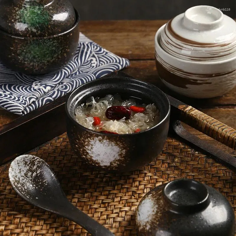 Ciotole Ciotola per stufato in ceramica giapponese con coperchio Dessert Barattolo di uova al vapore Ristorante di casa Zuppa in umido Conservazione della salute Tazza di nido d'uccello