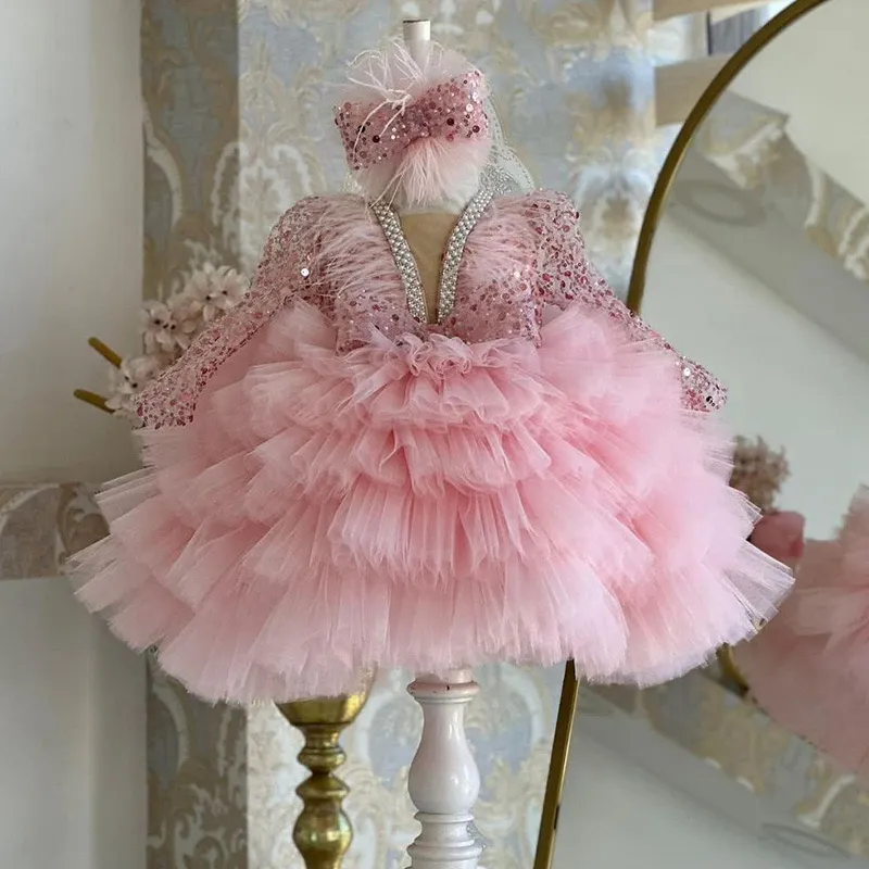 Robe de fleur à manches longues Nouveau mariage mignon princesse ruine petite fille tutu robes de fête pour les filles