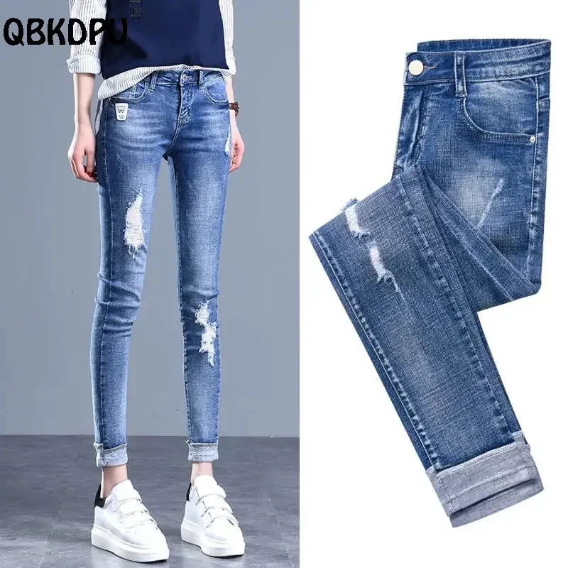 Trendy Risted Ołówek dżinsy kobiety swobodny szczupły w talii Vaqueros Spring Summer Streetwear Denim Spodnie Wash Blue Chudy Capris 240124