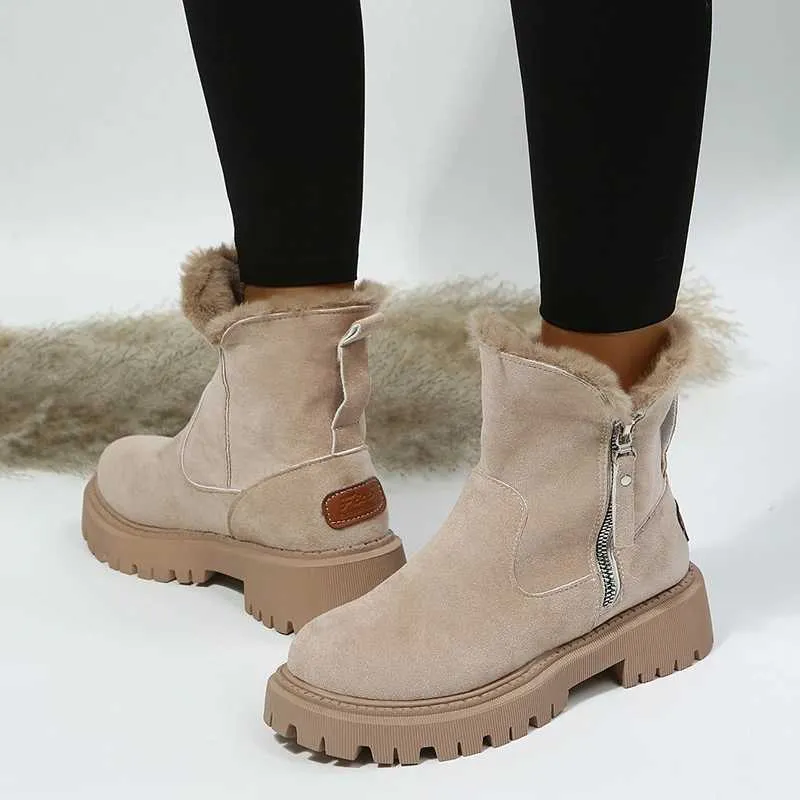 Laarzen Dikke Pluche Snowboots Dames Kunst Suède Antislip Winterlaarzen Vrouw Warm Houden Katoen Gewatteerde Schoenen Platform Enkellaarsjes 2023L2401