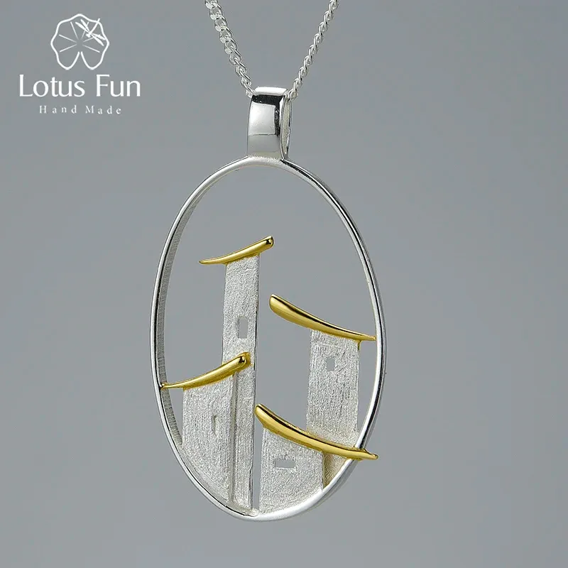 Hängen Lotus Fun Real 925 Sterling Silver Fine Jewelry Original Kinesisk arkitektonisk stil Jiangnan Town Pendant utan kedja för WOM