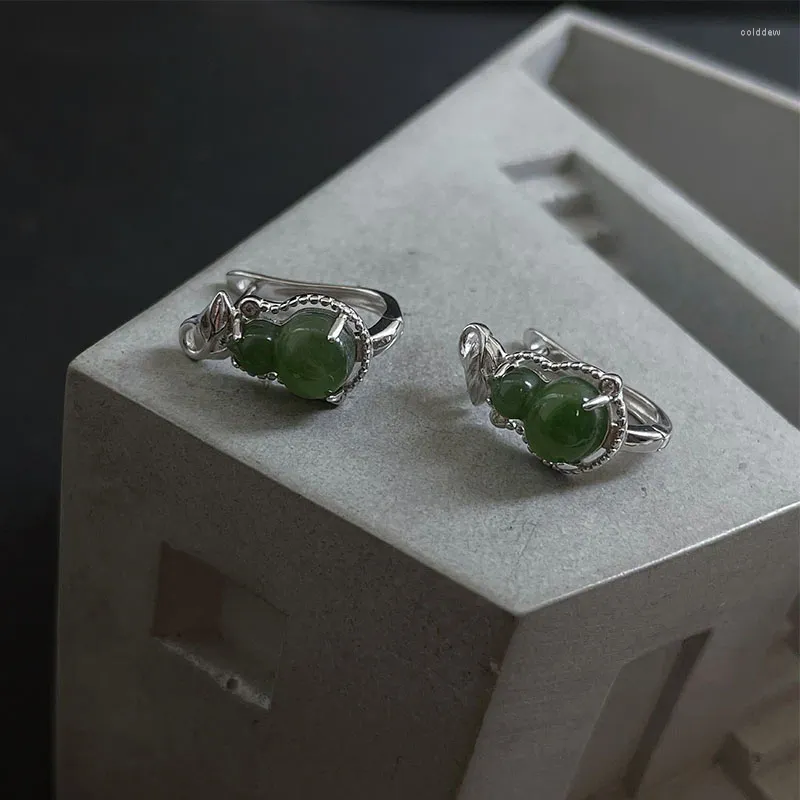 Boucles d'oreilles créoles PANJBJ 925 en argent Sterling une boucle d'oreille en Jade pour les femmes fille cadeau d'anniversaire gourde feuille tempérament bijoux goutte