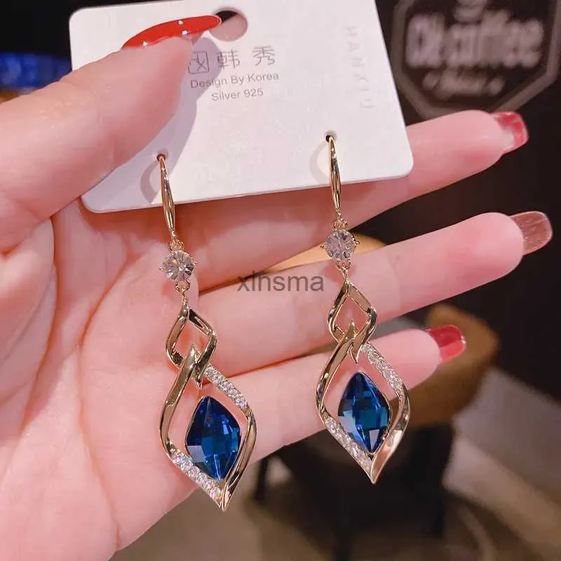 Stud 2021 Trendy Korean Long Earrings For Women Blue Crystal Geometry Elegant Female Dangle Drop Earrings Fashion Jewelry Accessories YQ240129