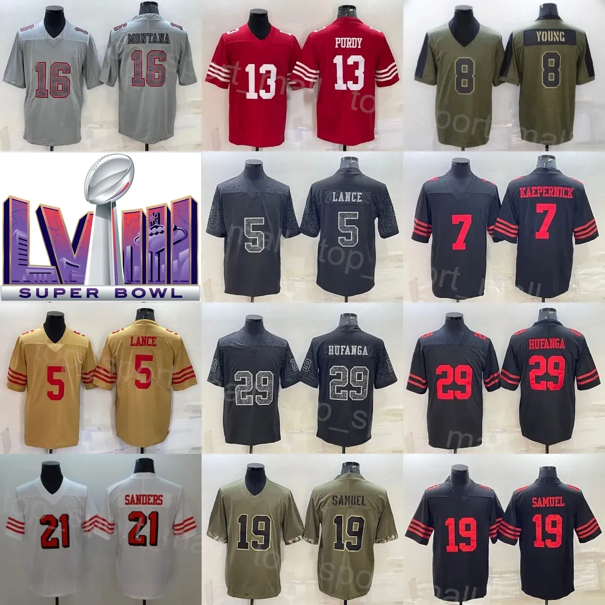 Super Bowls LVIII Herenvoetbal 13 Brock Purdy Jerseys 19 Deebo Samuel 29 Talanoa Hufanga 5 Trey Lance 7 Colin Kaepernick 8 Steve Young 16 Joe Montana 21 Deion Sanders