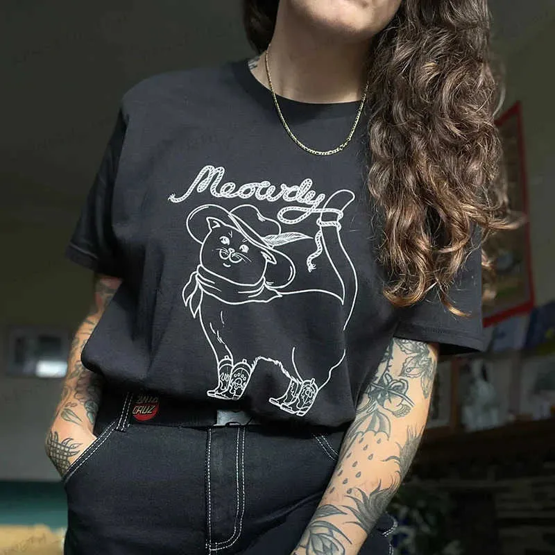 Женская футболка Cute Meowdy Cowboy Cat Funny Meme T-Shirts Western Howdy Shirt Летние женские повседневные футболки с рисунком Хлопковые модные эстетические топы T240129