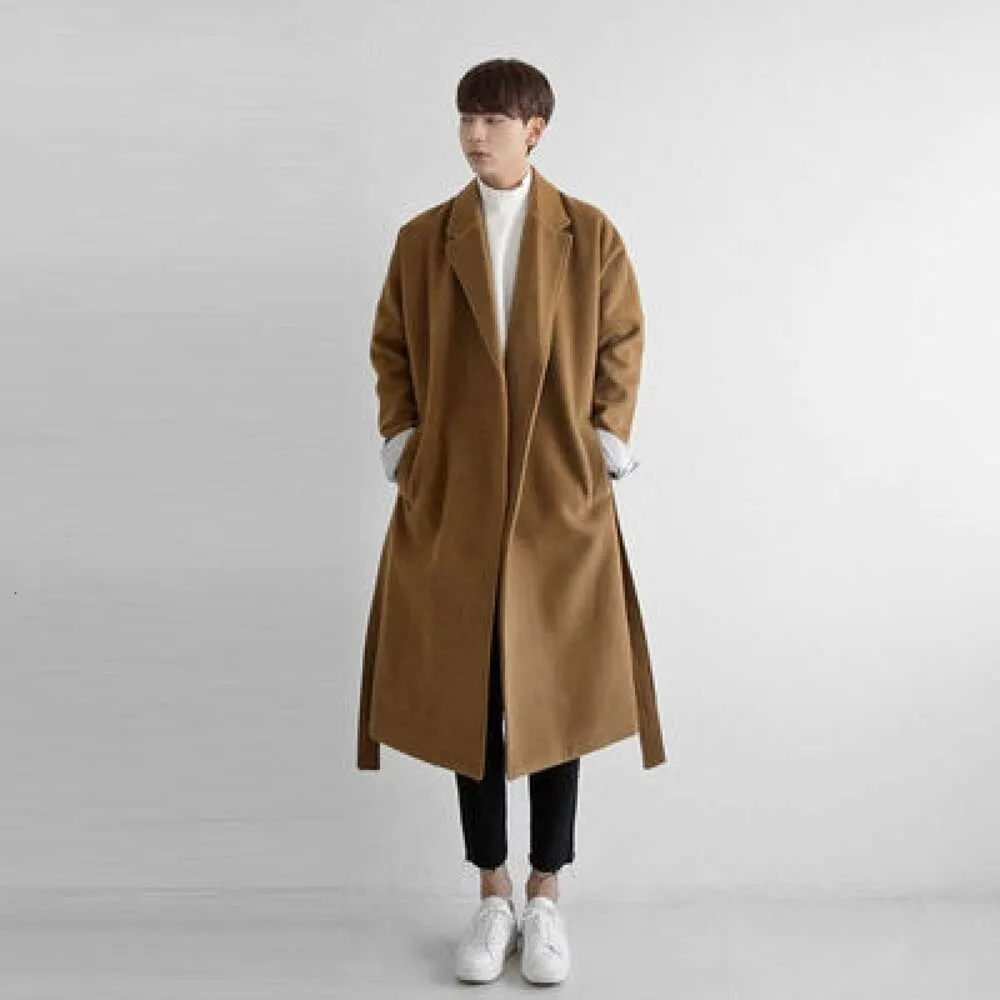 Autumn And Winter New Korean Edition Men's Cotton Woolen Coat Warm Mid Length Windbreaker Casual Belt Coat Men's