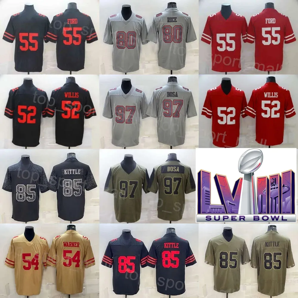 2024 Super Bowls Futebol 52 Patrick Willis Jersey 55 Dee Ford 54 Fred Warner 80 Jerry Rice 85 George Kittle 97 Nick Bosa Olive Salute To Service Color Rush Team