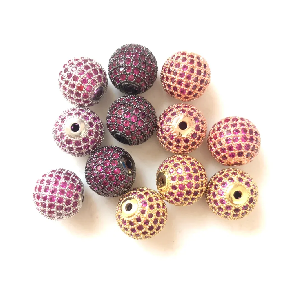 Collier 10pcs / lot 12 mm Fuchsia Zirconia Perles de disco pavées pour femmes bracelets faisant des bijoux de taille en laiton