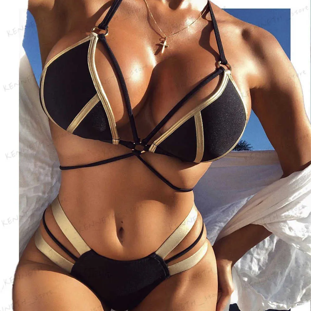 Women's Swimwear 2023 Gold Stamping Women Bikini Set Sexy Padded Women Swimsuit Push Up Bikini Swimwear Summer Beachwear Brazil Bathing Suit T240129