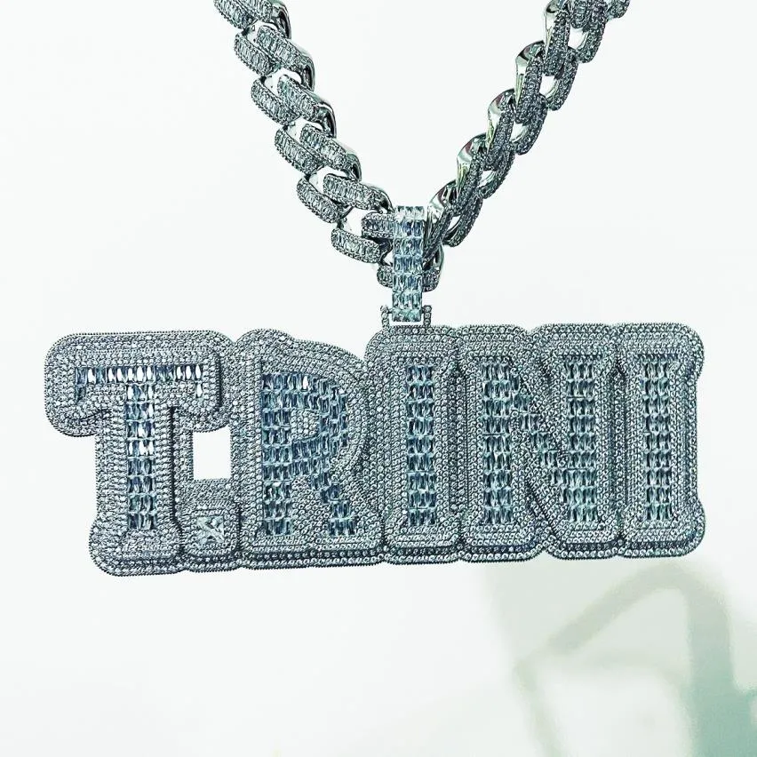 Iced Out Custom Naam Baguette Zirkoon Letters Hanger Big Size Goud Zilver Kleur Nacklace voor Mannen Hip Hop Jewelry179j