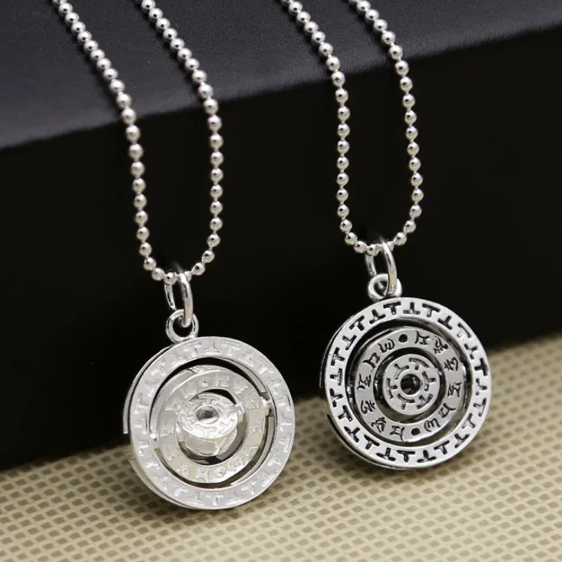 Necklace S925 Sterling Silver Jewelry Rune Lucky Rotating Round Brand Man Lady Thai Silver Small Circle Delicate Chain Pendant Gift