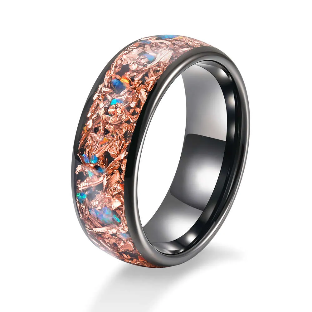 Men's Fashion Jewelry 8mm Black Plated Copper Inlaid with Red Blue Green Opal Stone Tungsten Carbide Band Rings for Male
