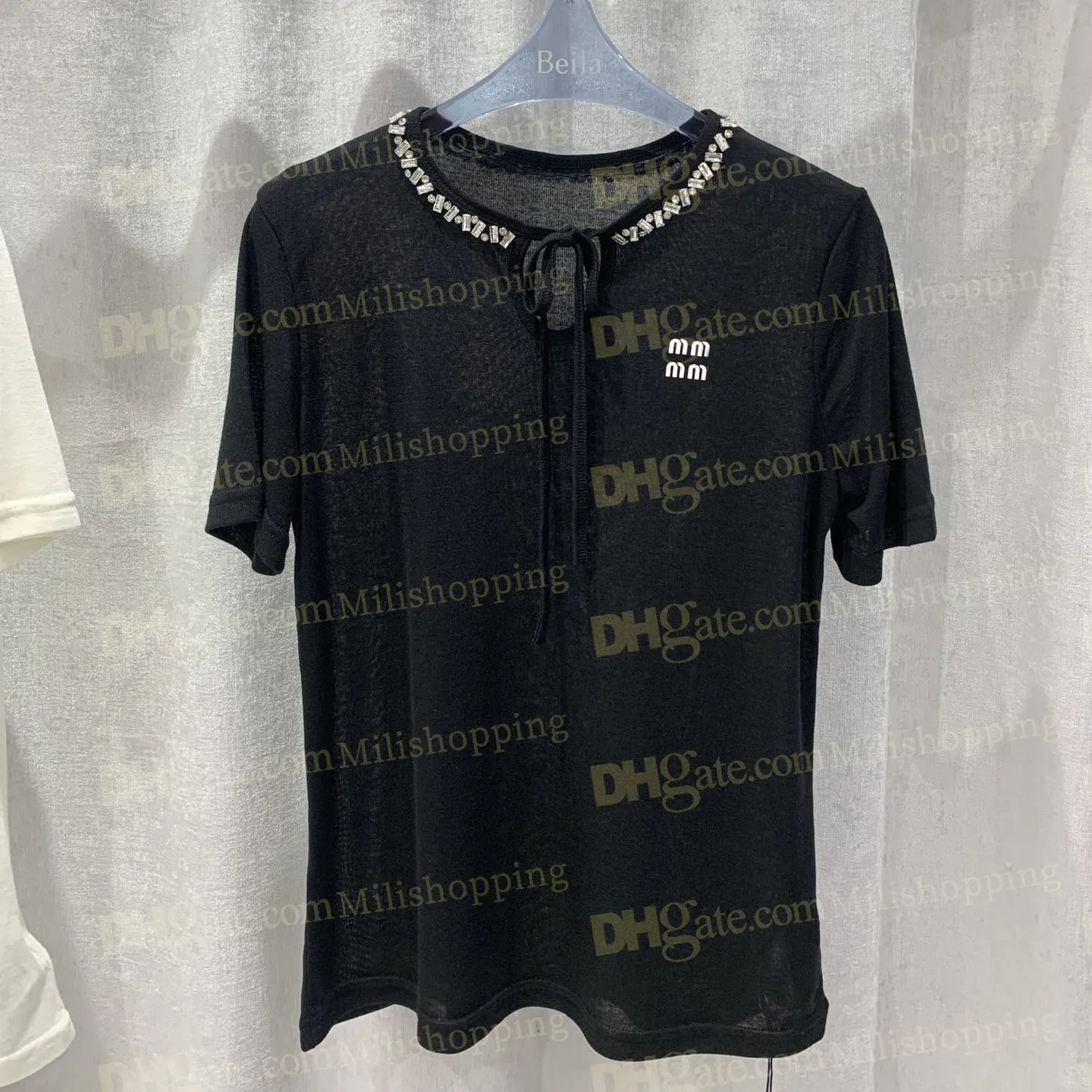 Beaded Rhinestone Letter Tee - Womens Lace-Up T-Shirt, Silky