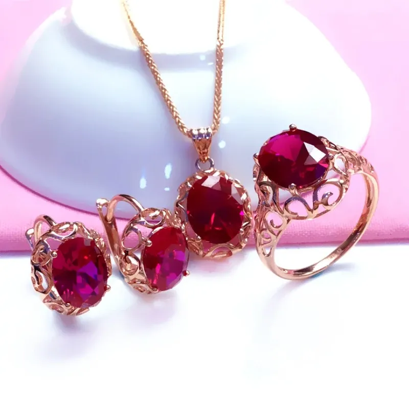 Collier de luxe en or violet 585 incrusté de bijoux en rubis, design creux, colliers de mariage en or rose 14 carats, bagues, boucles d'oreilles pour petite amie