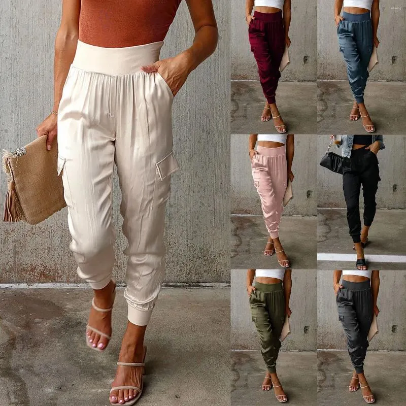 Women's Pants 2024 Solid Colour Satin Casual Trousers Elastic Waist Pockets Long Spring And Summer Nine Minute