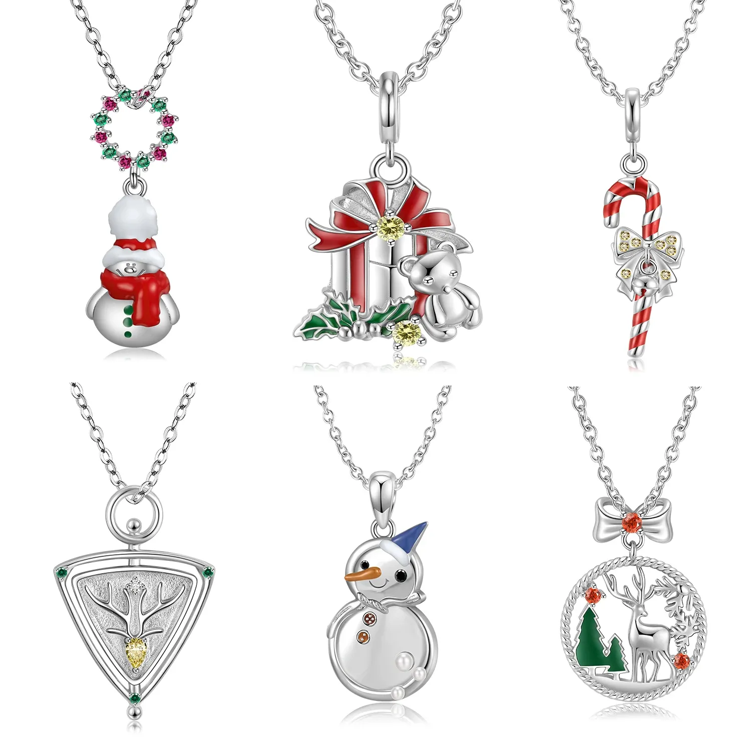 Necklace JIUHAO 925 Sterling Silver Snowman Ribbon Cane Elk Pendant Christmas Gift Necklace Jewelry Necklace Chain Accessories