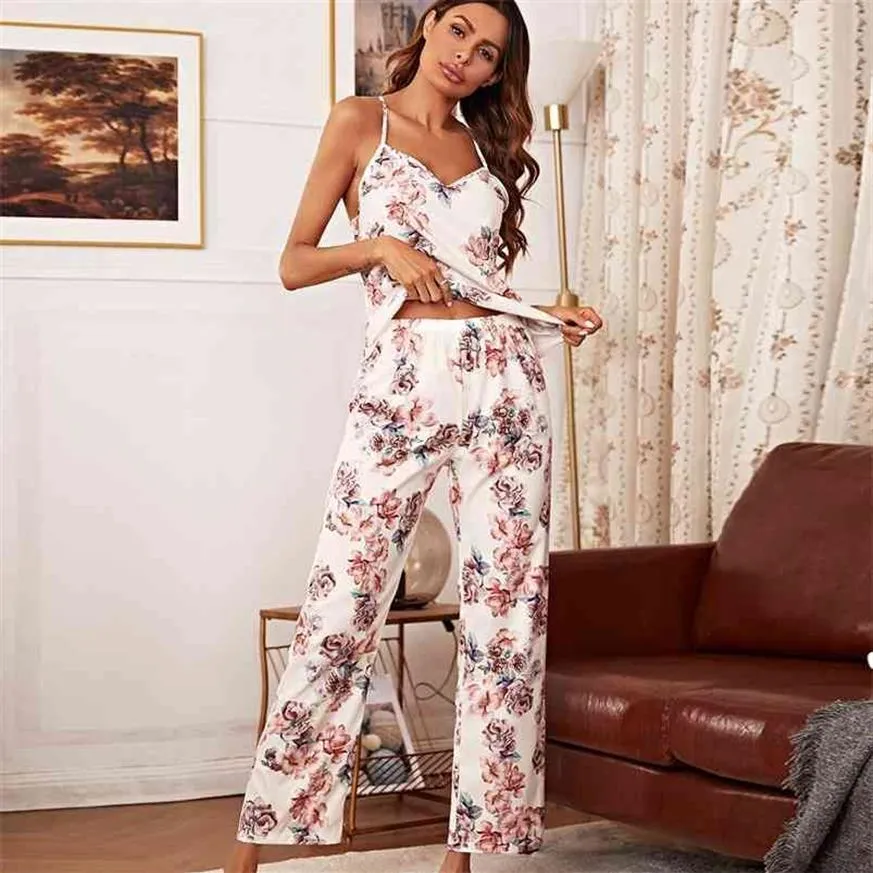 Women's Two Piece Pajamas Cute Camisole Pant Set Satin Sleepwear Comfy Pyjamas Gorgeous Printed Loungewear 210831346S